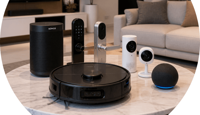 Smart home products arranged in a living room